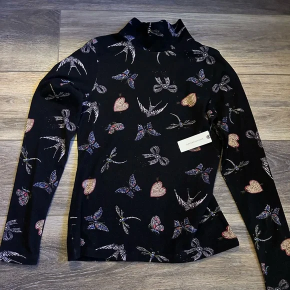 Anthropologie Black Long Sleeve Turtleneck with Butterfly and Hearts by Maeve - Picture 1 of 3